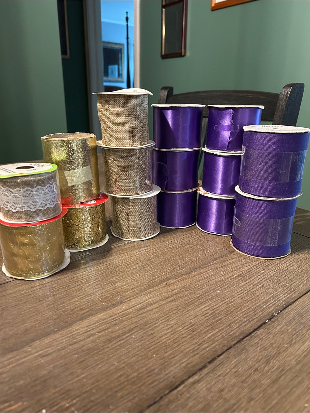 15 rolls of ribbon 13 new mixed burlap purple and gold lots of Offray